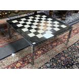 A 20th century square glass and chrome low games table, width 74cm, height 35cm