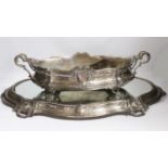 A large ornate Belgian? 800 standard white metal two handled oval centrepiece, 53cm, 46.1oz, with