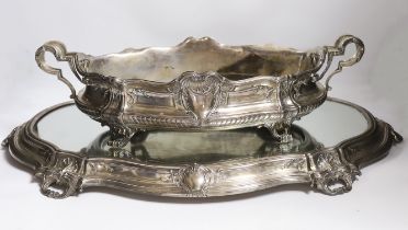 A large ornate Belgian? 800 standard white metal two handled oval centrepiece, 53cm, 46.1oz, with