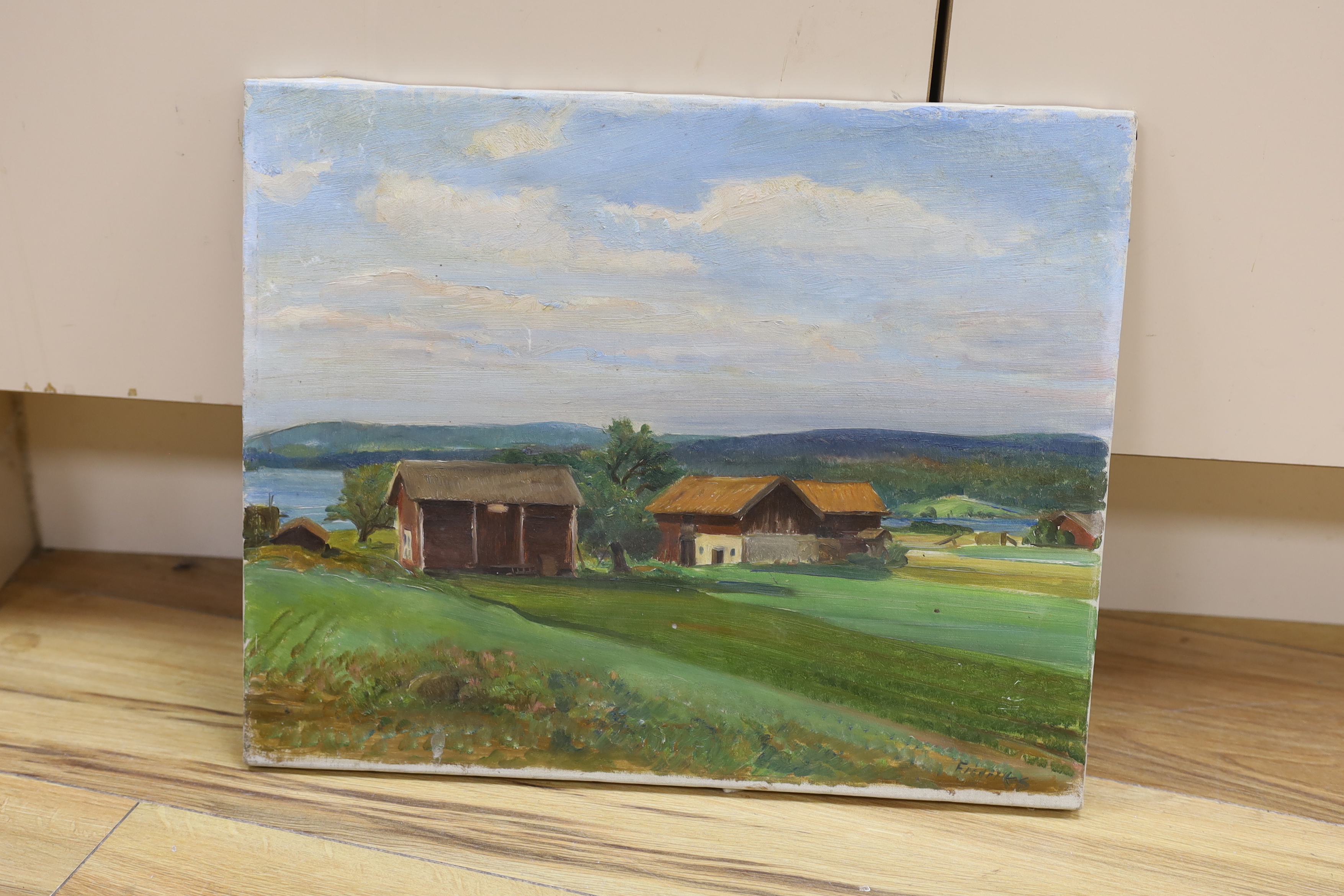 Per Fredriks (Swedish, 1887-1947), oil on canvas, Farmhouses in a landscape, signed, 33 x 41cm, - Image 2 of 2