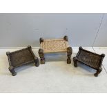 Three rectangular African hardwood stools with woven seats, largest width 56cm, depth 43cm, height