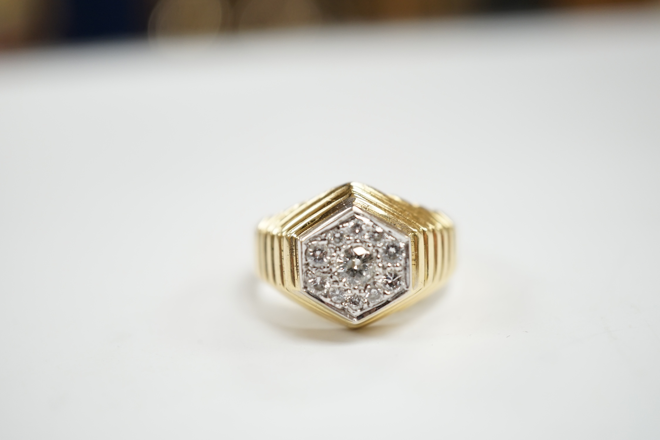 A modern 18ct gold and diamond set hexagonal cluster ring, size Q, gross weight 11.3 grams. - Image 2 of 4