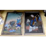 Two Chinese 20th century figural reverse painted glass pictures, framed largest 33cm wide x 49cm