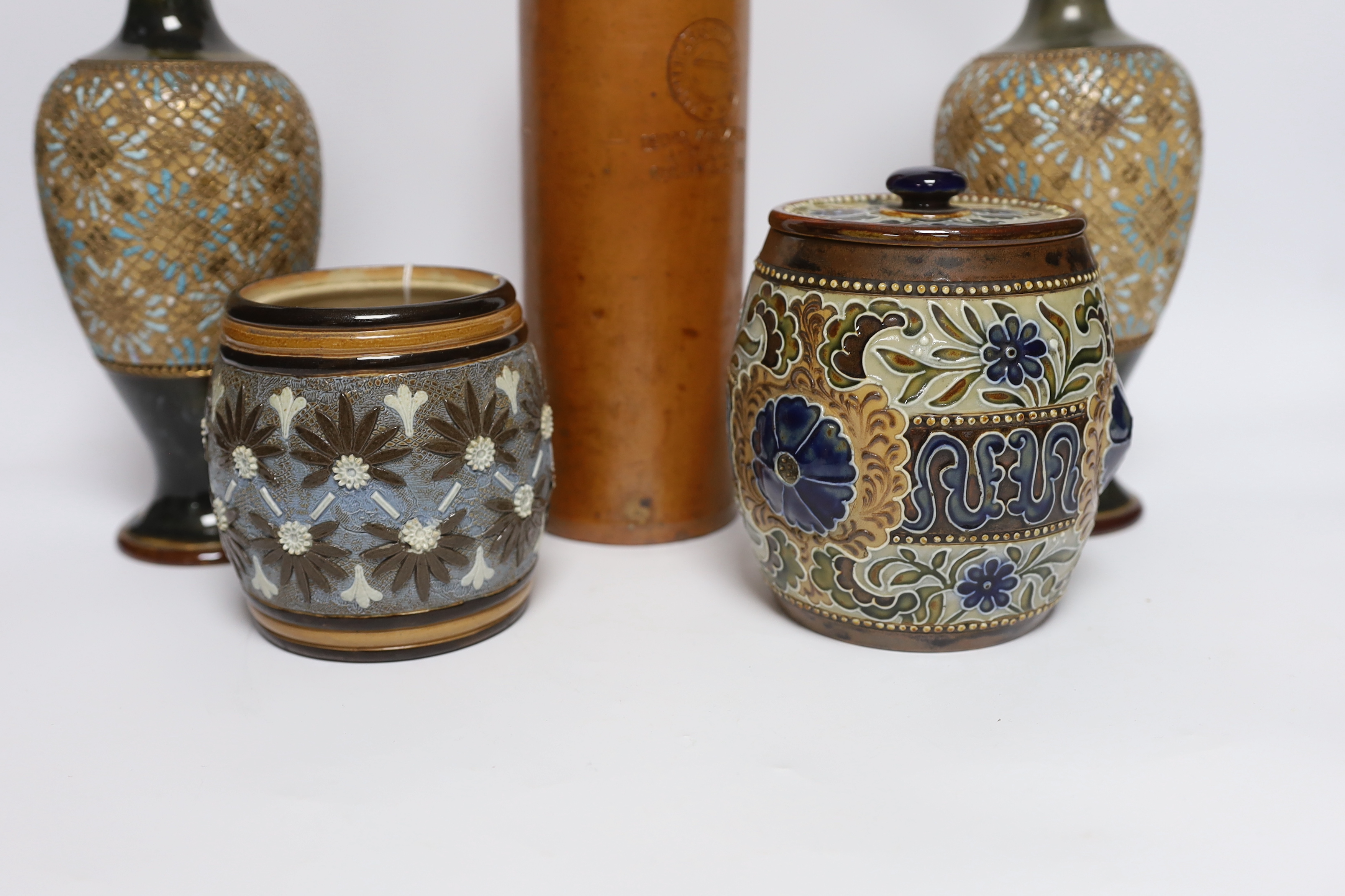 A pair of Doulton Lambeth vases, three jars, two with covers and a Georg Kreuzberg terracotta - Image 3 of 4