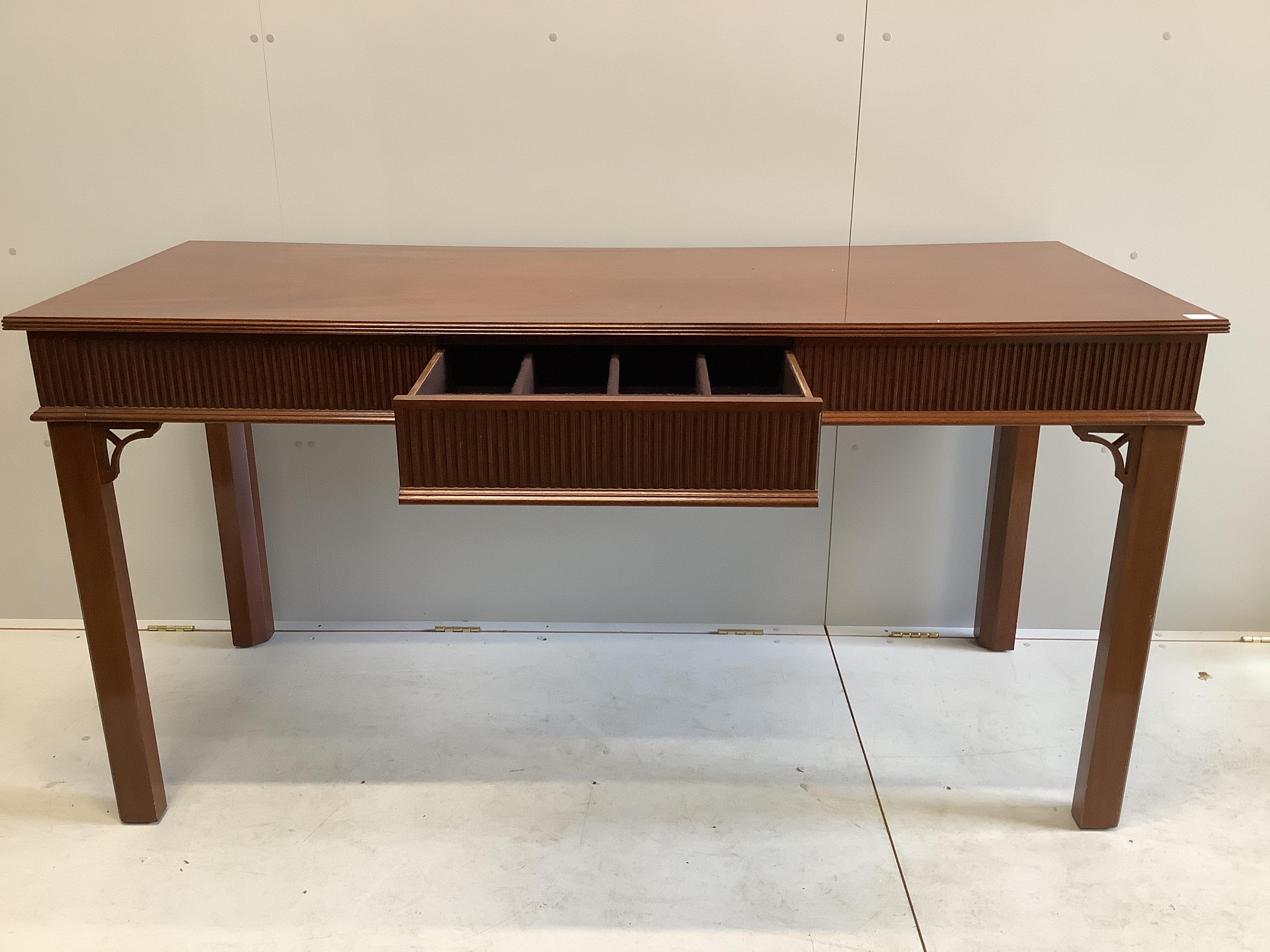 A George III style mahogany serving table, fitted three frieze drawers, the back incorporating two - Image 2 of 3