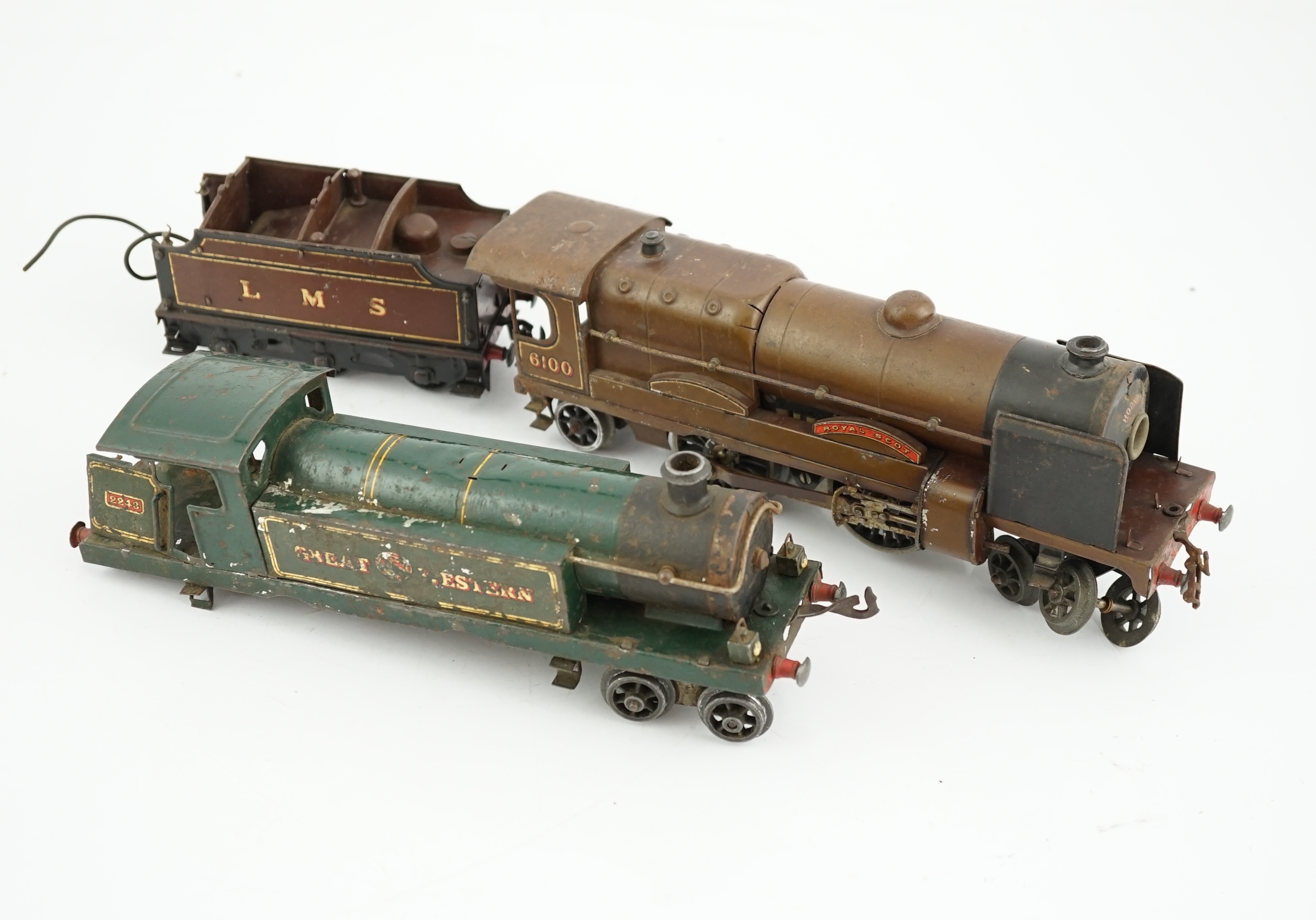 Two Hornby Series 0 gauge tinplate locomotives for 3-rail running; an LMS 4-4-2, Royal Scot 6100,
