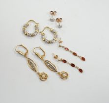 A pair of French 18k and cultured pearl drop earrings, 45mm and three other pairs to include 14k and