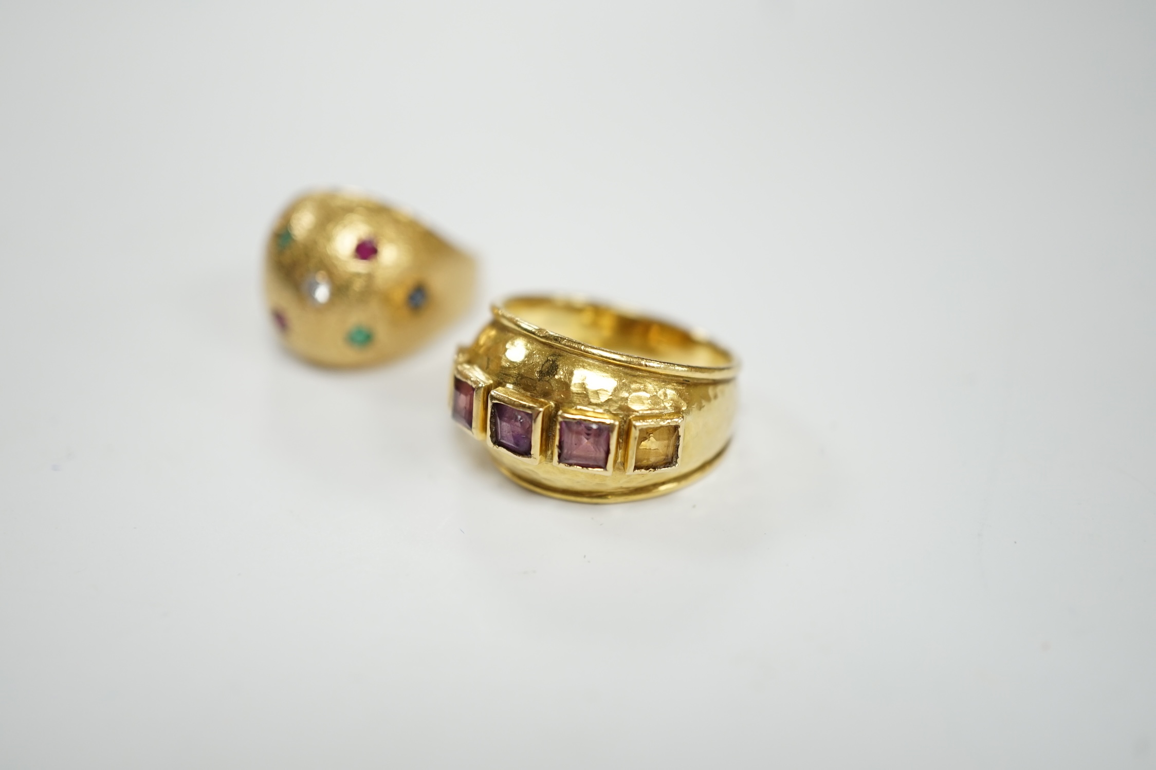 A textured yellow metal, emerald, ruby and diamond set domed ring, size K, together with a stylish - Image 5 of 6