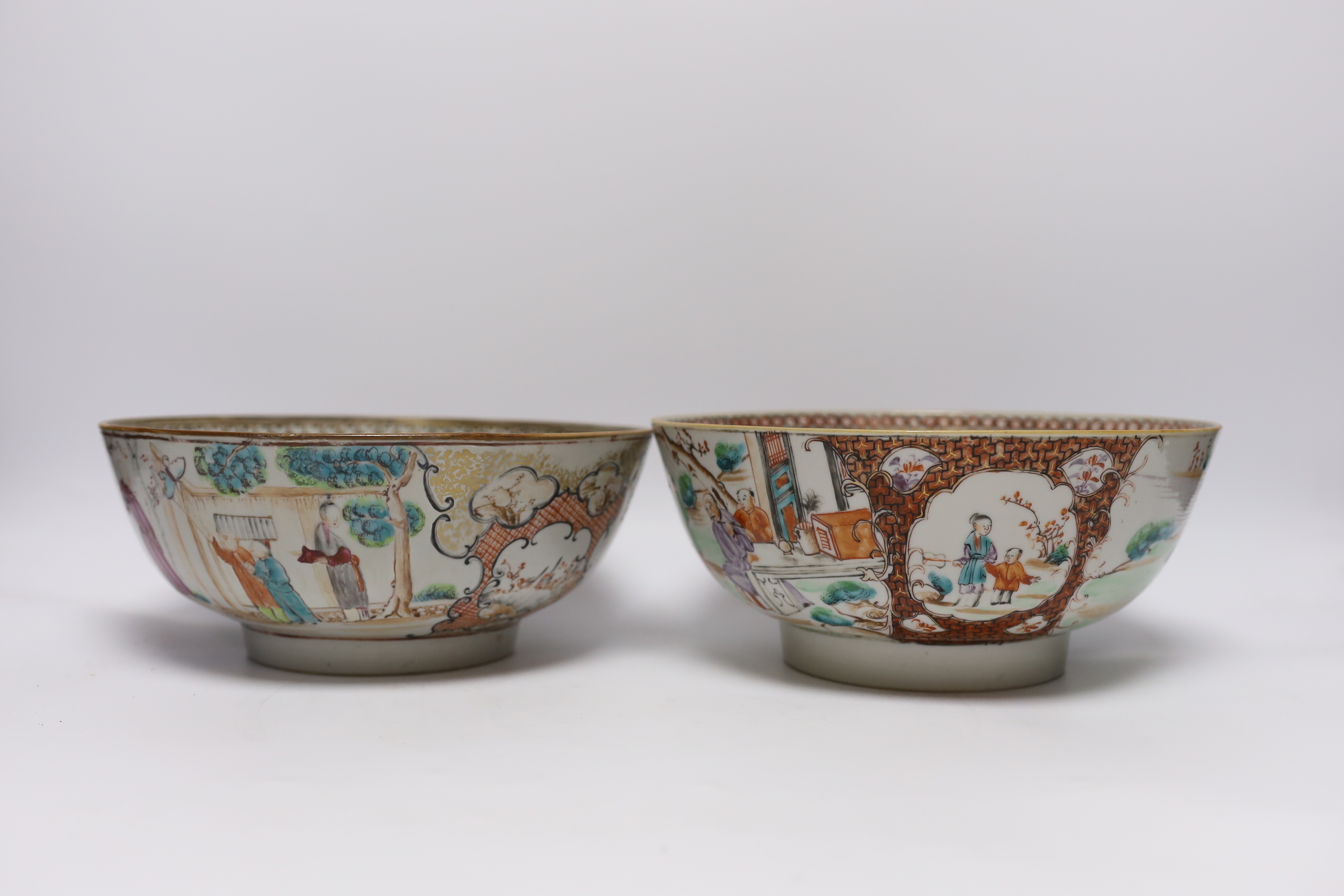 Two 18th century Chinese export famille rose bowls, largest 23cm diameter - Image 3 of 5