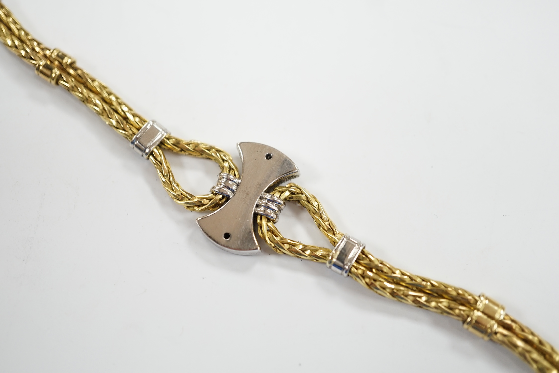 A modern 750 yellow metal and diamond cluster set bracelet, 21.5cm, gross weight 33.9 grams. - Image 5 of 5