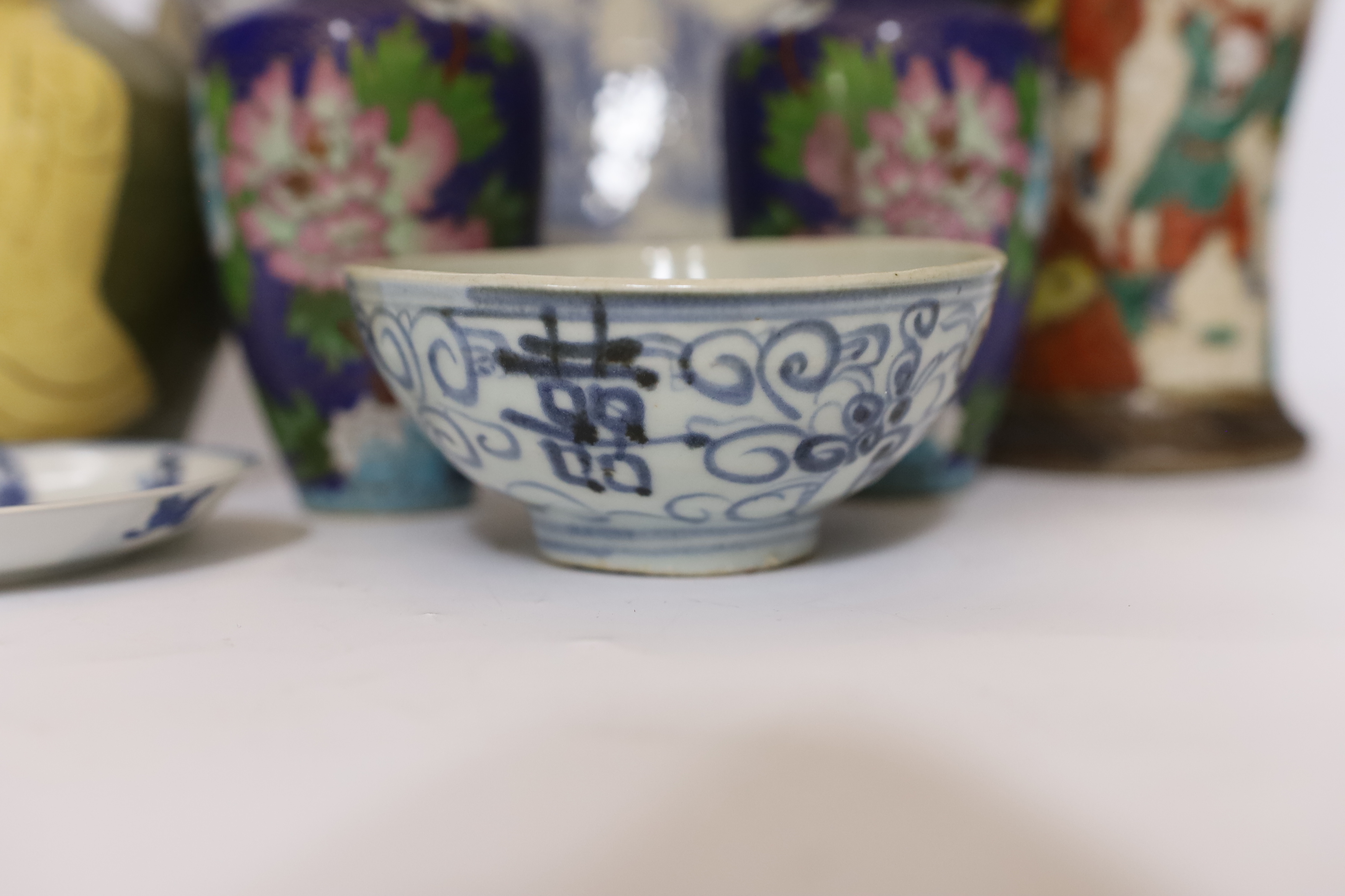Mixed Chinese and Japanese ceramics including pair of cloisonné vases, a blue and white dish and a - Image 3 of 6