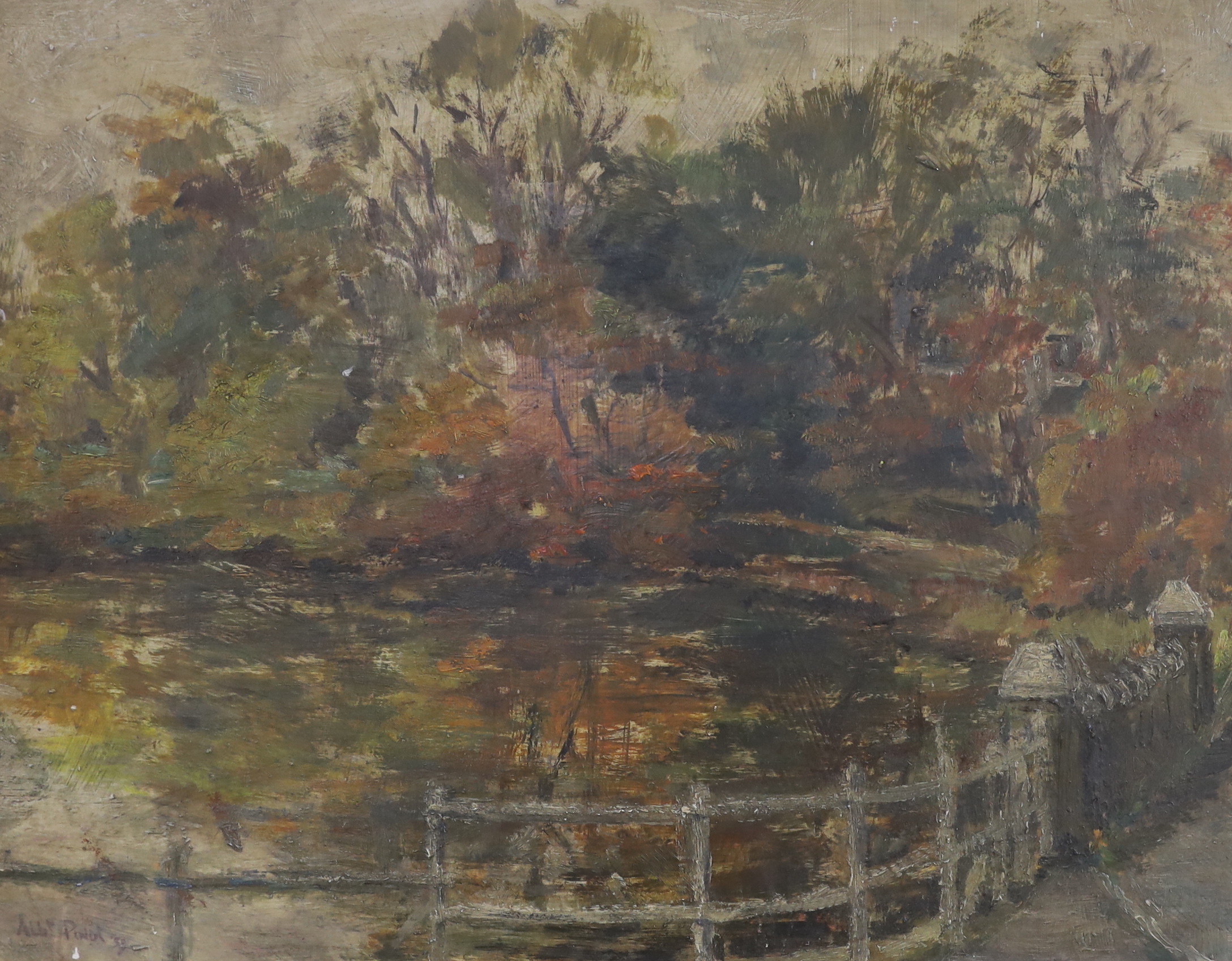 Albert Pinot (1875-1962), oil on board, Lake scene, signed and dated '58, 35 x 45cm, unframed - Bild 2 aus 4