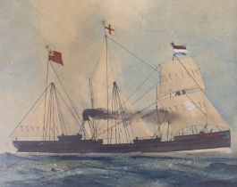 Mid 19th century, Naive English School, watercolour on card, A three masted coastal trader, 13 x