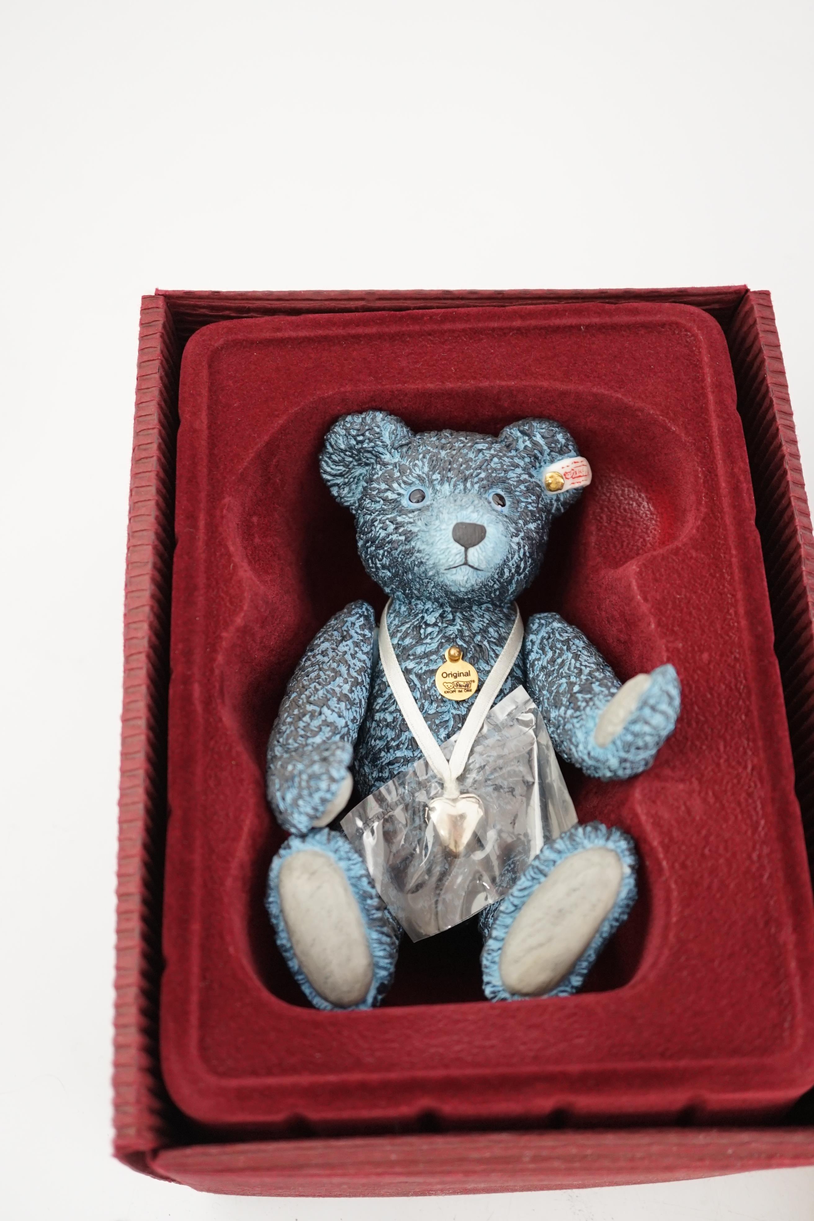 An early Paddington bear, blue jacket, missing hat, a Steiff Ltd. edition lilac bear in box, and a - Image 3 of 12