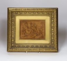 A 19th century framed carved wood panel depicting Bacchanalians, 12x16cm