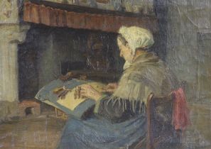 E. Hunter (19th/20th. C), oil on canvas, Study of an elderly lady in an interior, signed, 34 x 49cm