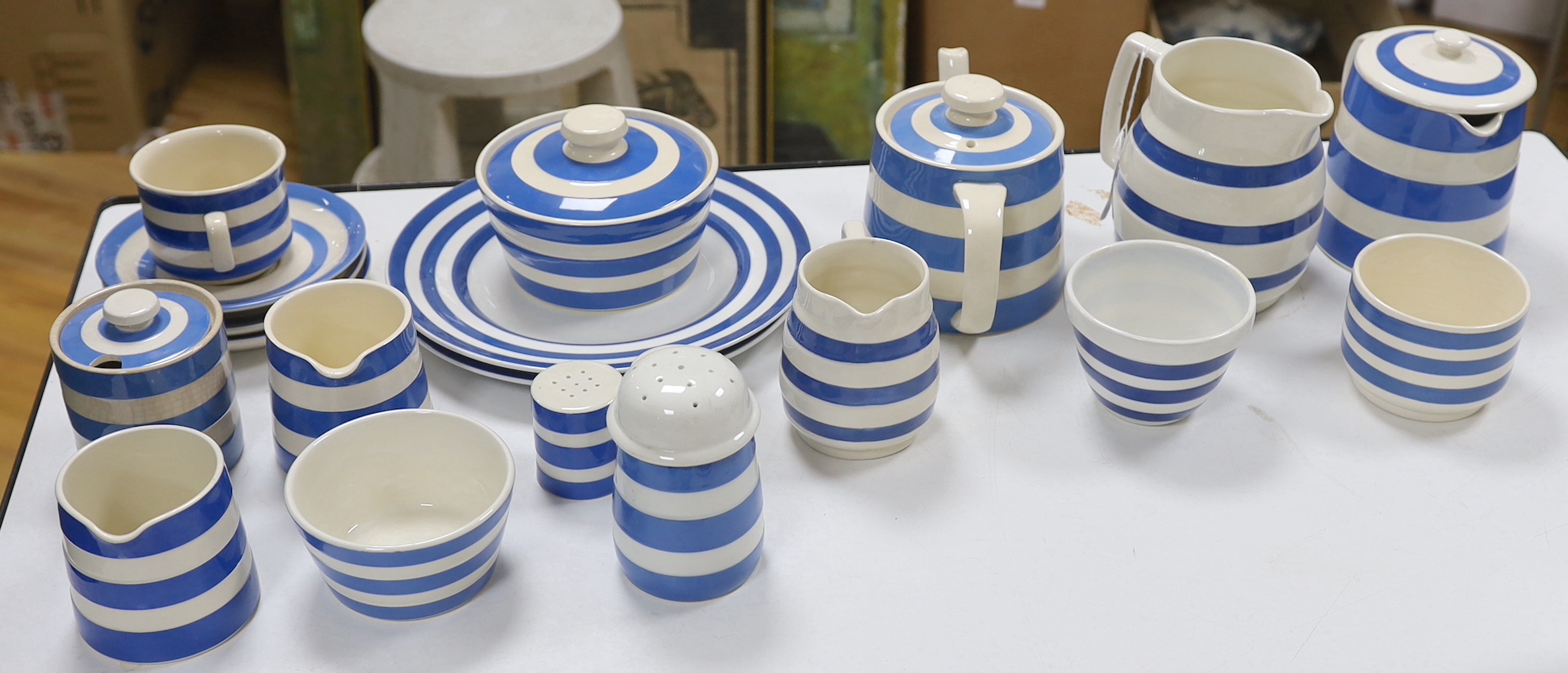 T.G. Green and other Cornishware including; a teapot, two large jugs and three smaller jugs, salt