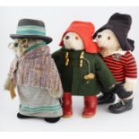 Aunt Lucy with glasses and label, in good condition, two Paddington bears, one with green jacket,