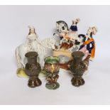 A rare Staffordshire horse group, a Princess Royal and pony group, a Palissy ware vase and a pair of