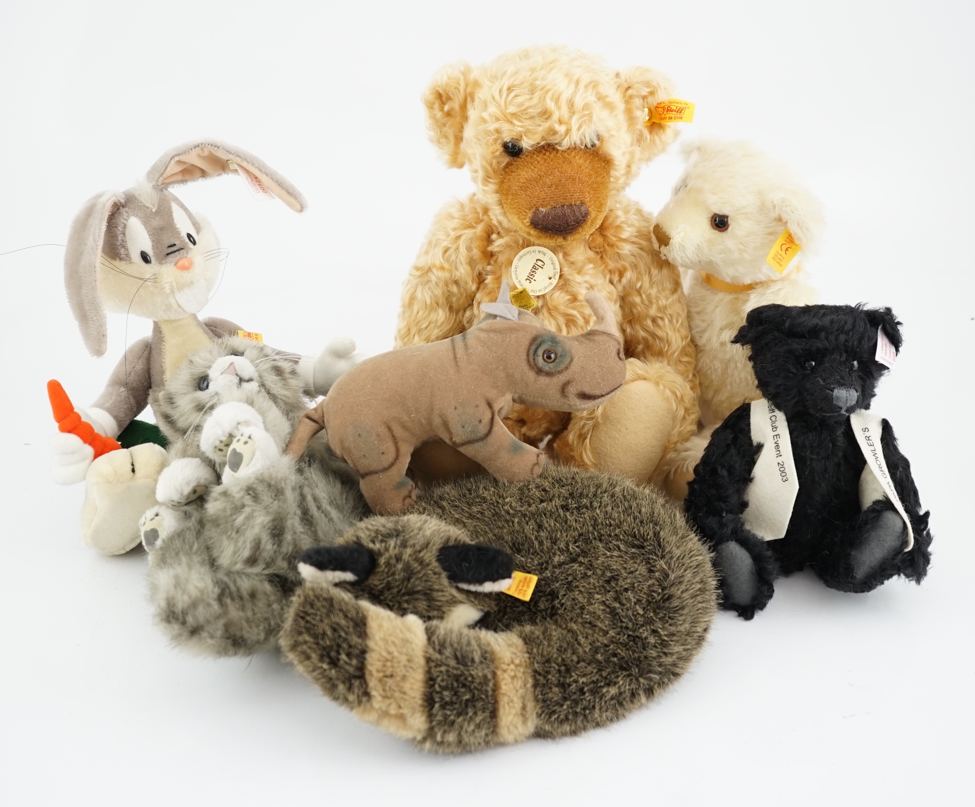 Steiff toys including a Bugs Bunny, two yellow tag bears and a black club bear (7)