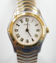 A lady's modern steel and gold plated Ebel Classic quartz wrist watch, with Roman dial.