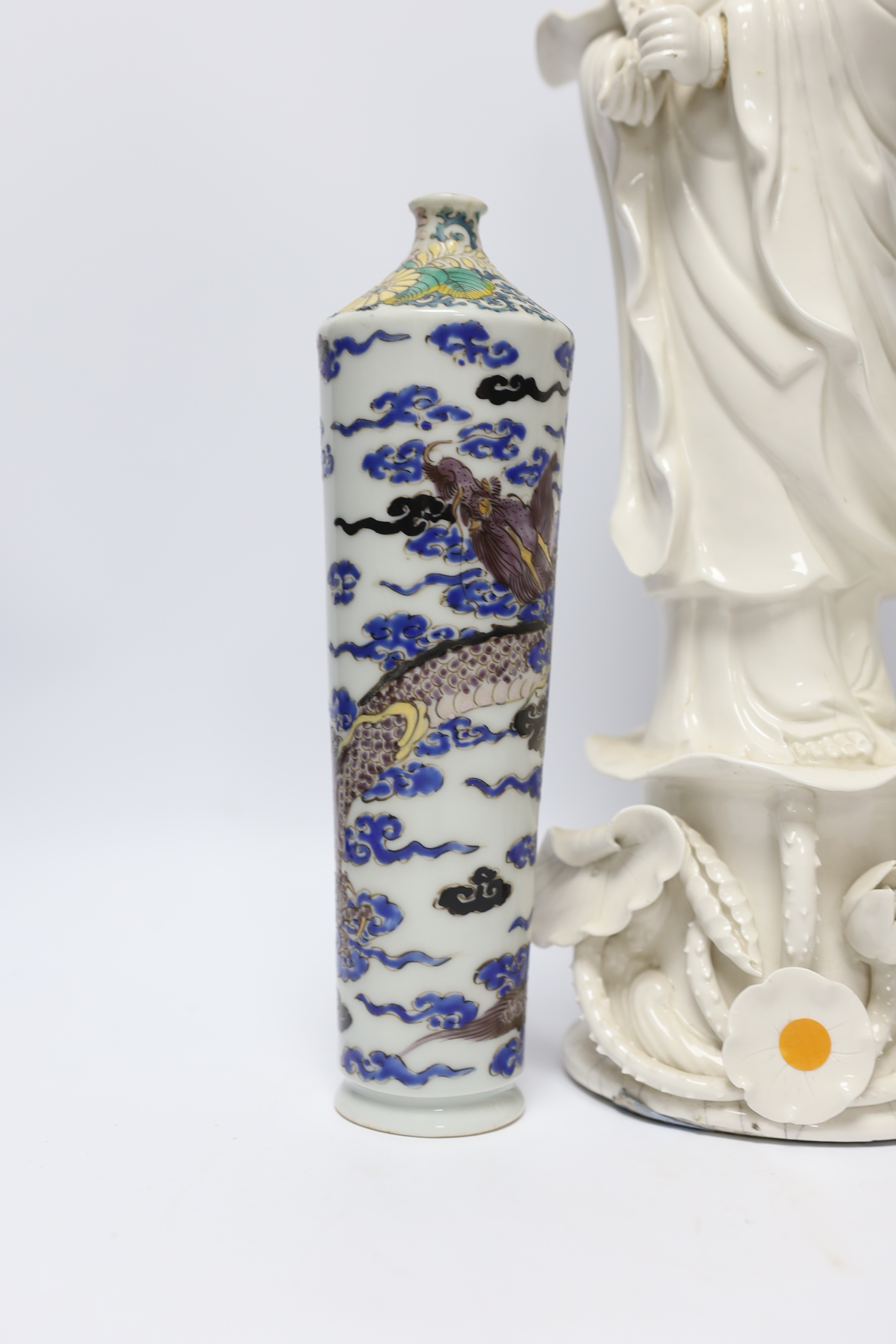 A 19th century Chinese blanc de chine figure of Guanyin, 20th century ‘dragon’ vase and a Japanese - Image 2 of 7