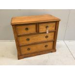 A late Victorian stained pine chest of four drawers, width 87cm, depth 46cm, height 79cm