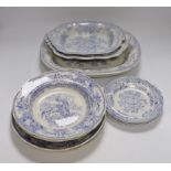 A collection of 19th century Staffordshire pottery blue and white dinner wares, (10 dishes in