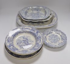 A collection of 19th century Staffordshire pottery blue and white dinner wares, (10 dishes in