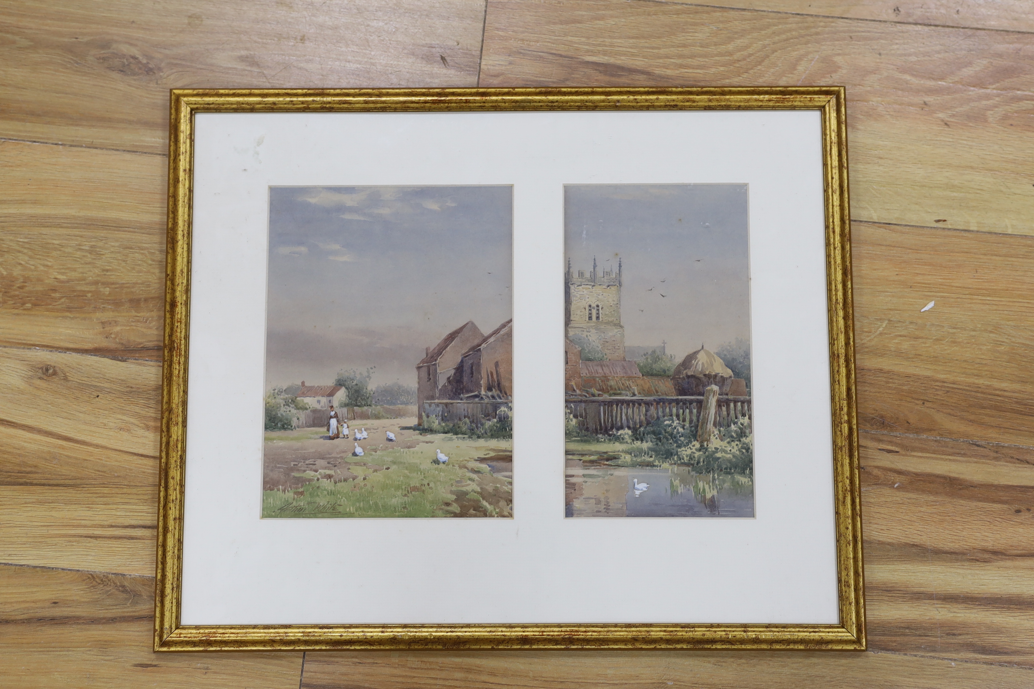 Arthur White (1865-1953), pair of watercolours, Church and duck pond, signed, 25 x 36cm overall - Image 2 of 3