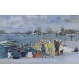 Hubert Andrew Freeth RA (1912-1986), pen, ink and watercolour, Swimmers on shipway and Onlookers
