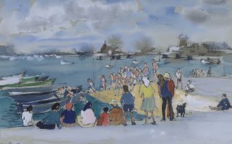 Hubert Andrew Freeth RA (1912-1986), pen, ink and watercolour, Swimmers on shipway and Onlookers