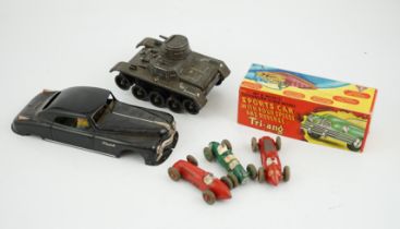 Eleven tinplate and diecast vehicles by Dinky Toys, Tri-ang, Gama, etc., including a Primal Arnold