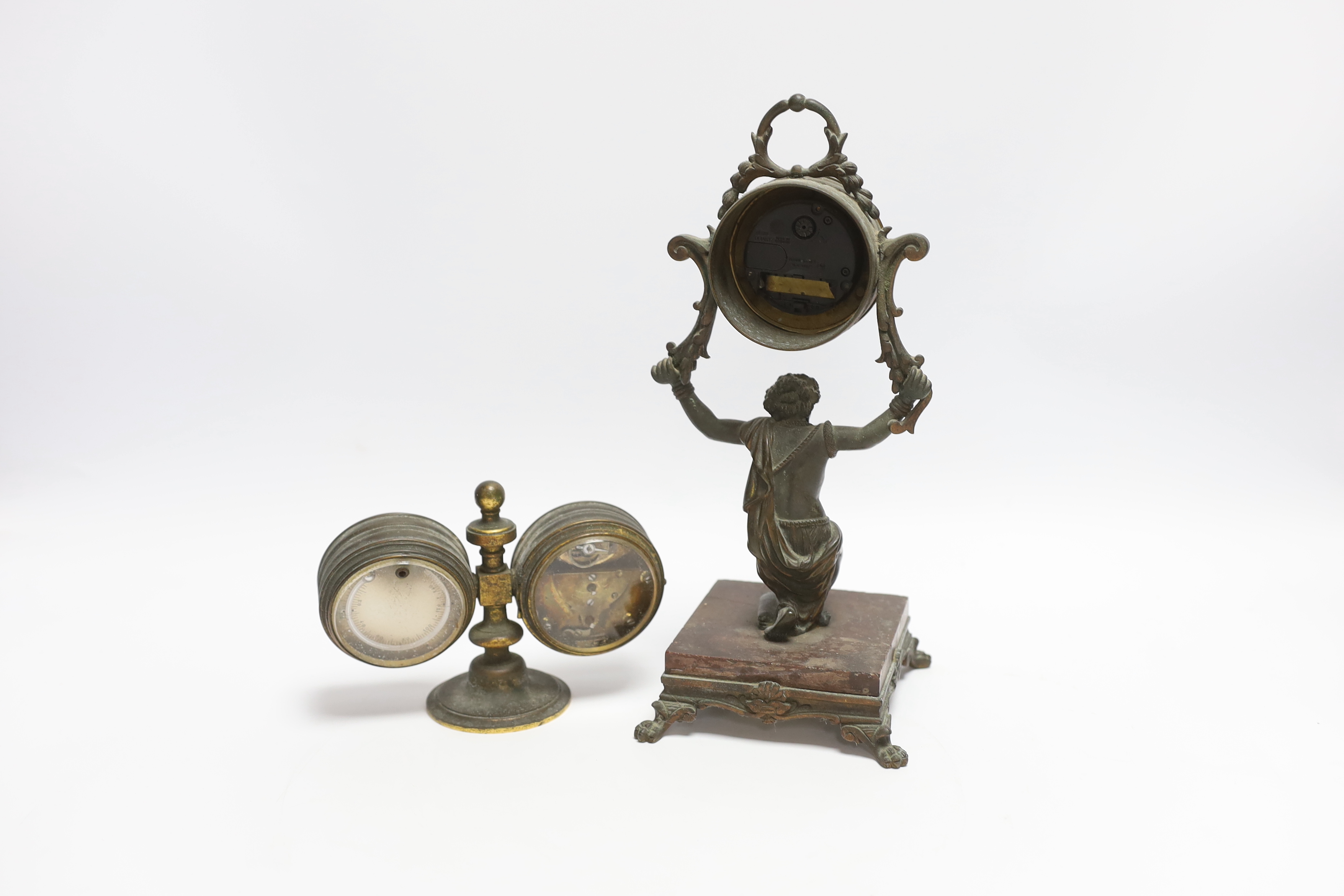 A Victorian gilt brass desk clock/barometer and a figural timepiece, 26cm - Image 3 of 3