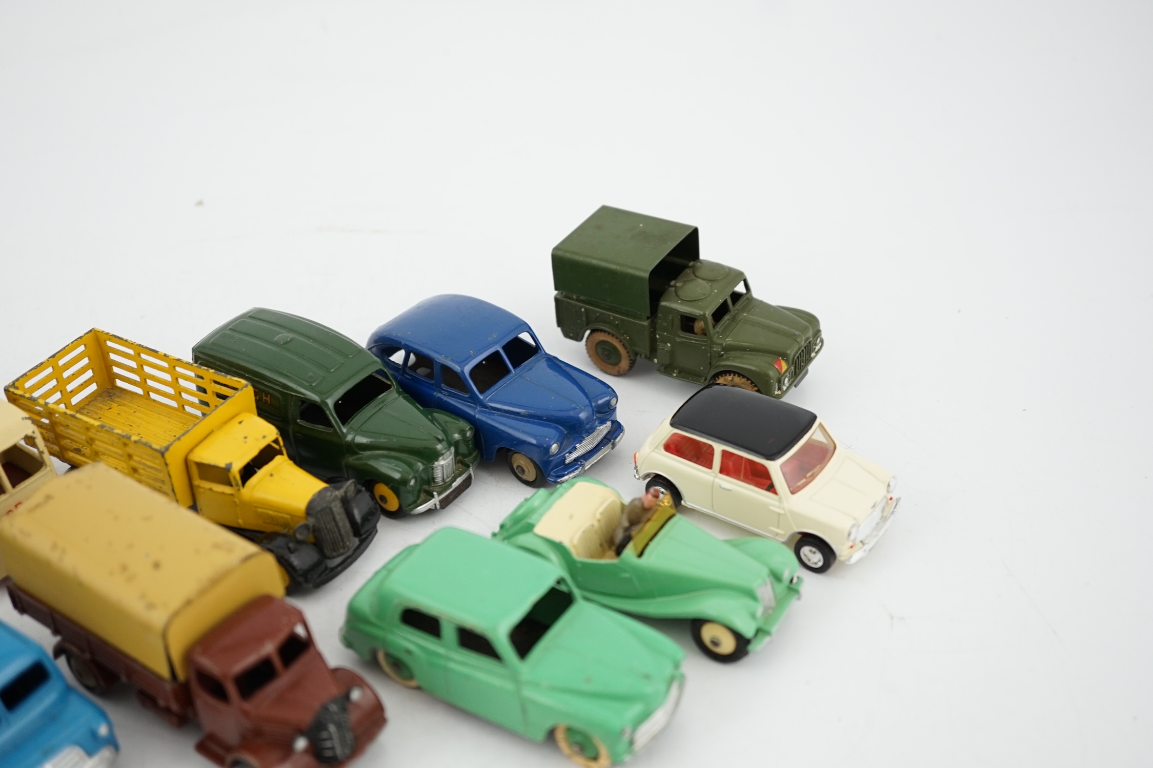 Twelve Dinky Toys, including; Austin van, Vanguard, Market Gardener’s wagon, Hillman Minx, MG - Image 5 of 6