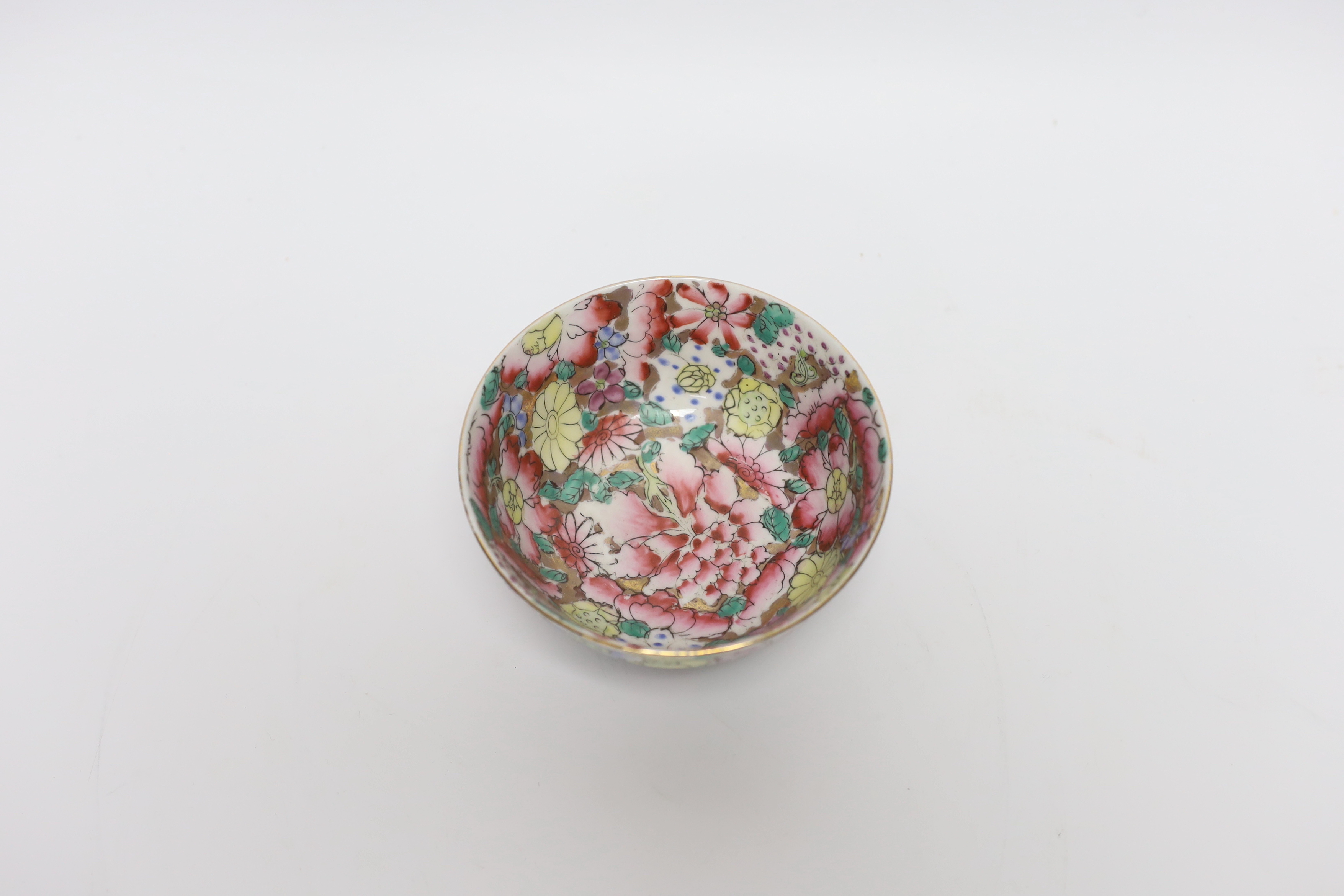 A small circular Chinese porcelain bowl having polychrome 'millefiore' and gilt decoration, diameter - Image 3 of 4