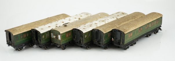 Six Hornby 0 gauge tinplate No.2 coaches in Southern Railway livery, one coach adapted to a