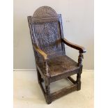 A 17th century and later oak Wainscot chair, width 51cm, depth 51cm, height 109cm