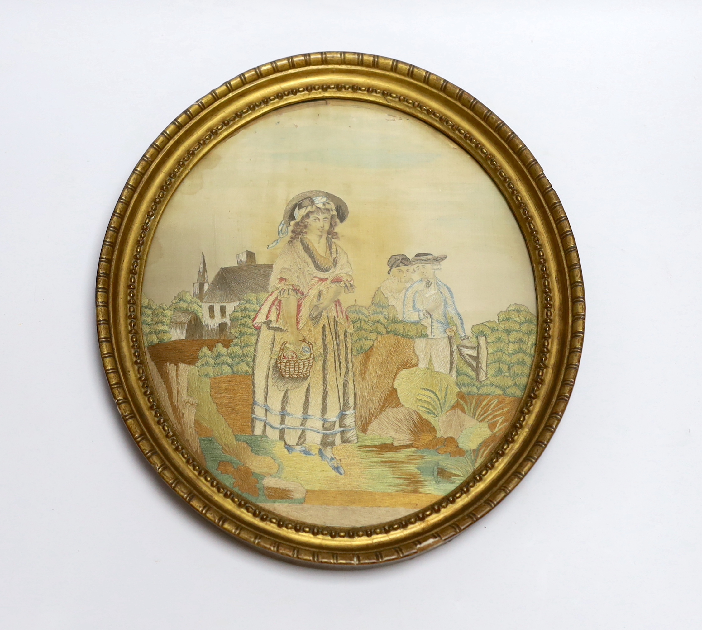 An oval framed regency needlework on silk, "Admirers", 33x28cm