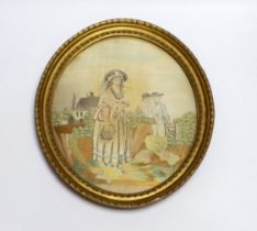 An oval framed regency needlework on silk, "Admirers", 33x28cm