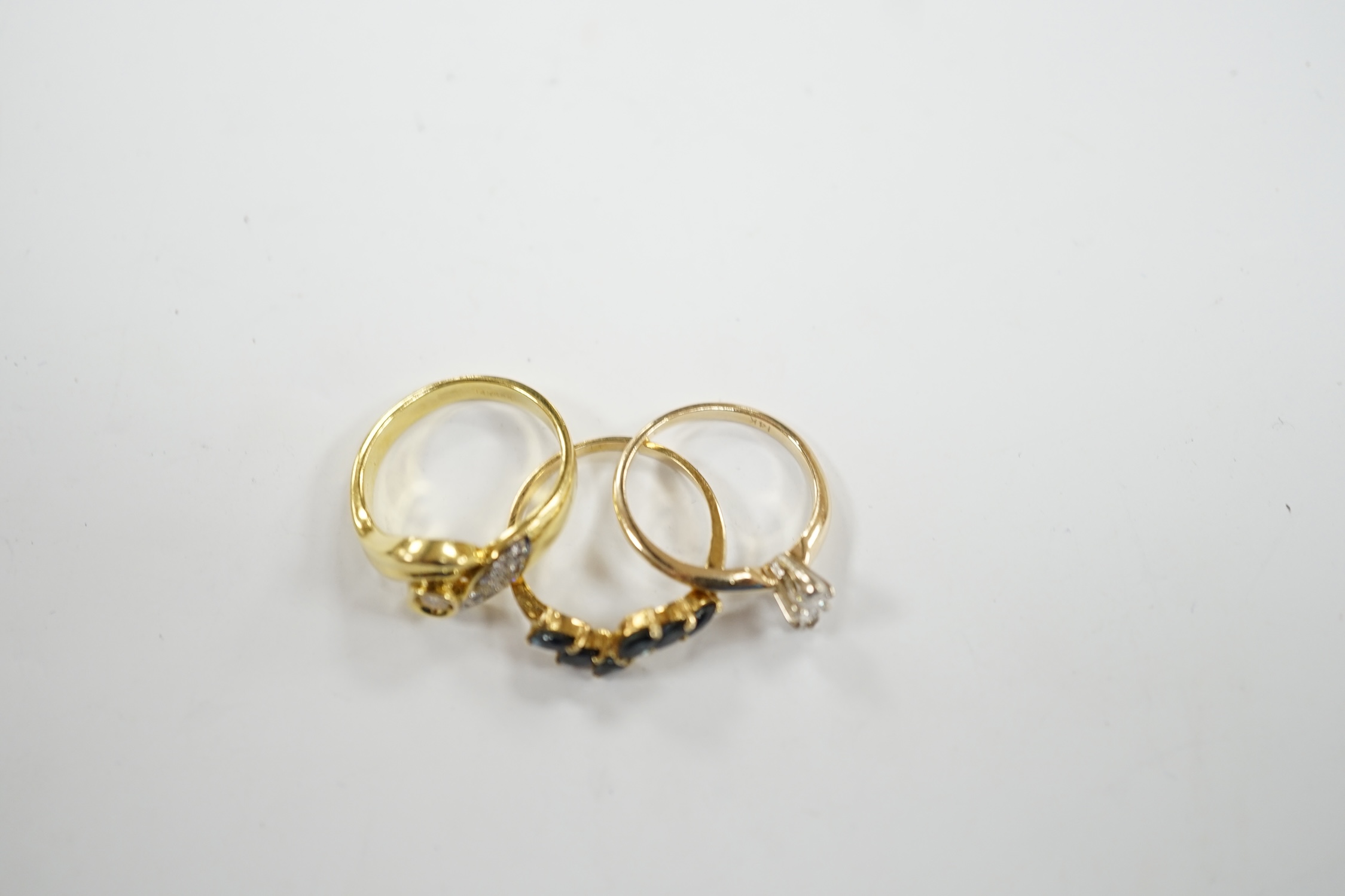 Three assorted modern 14k and gem set rings, including single stone marquise cut diamond, diamond - Image 6 of 6