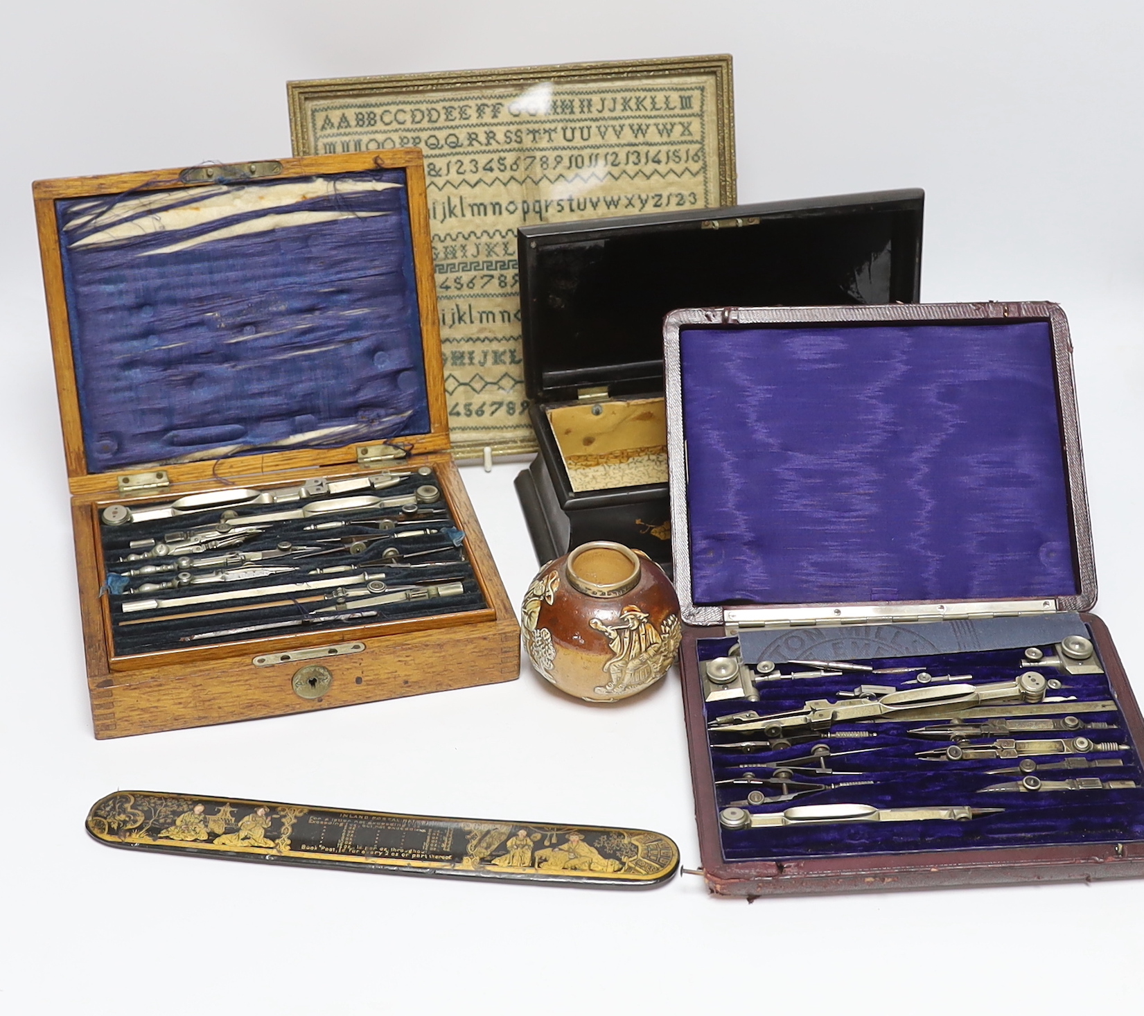 Sundry items and collectables including telescope, drawing sets, an alphabet sampler and an inlaid