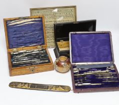 Sundry items and collectables including telescope, drawing sets, an alphabet sampler and an inlaid