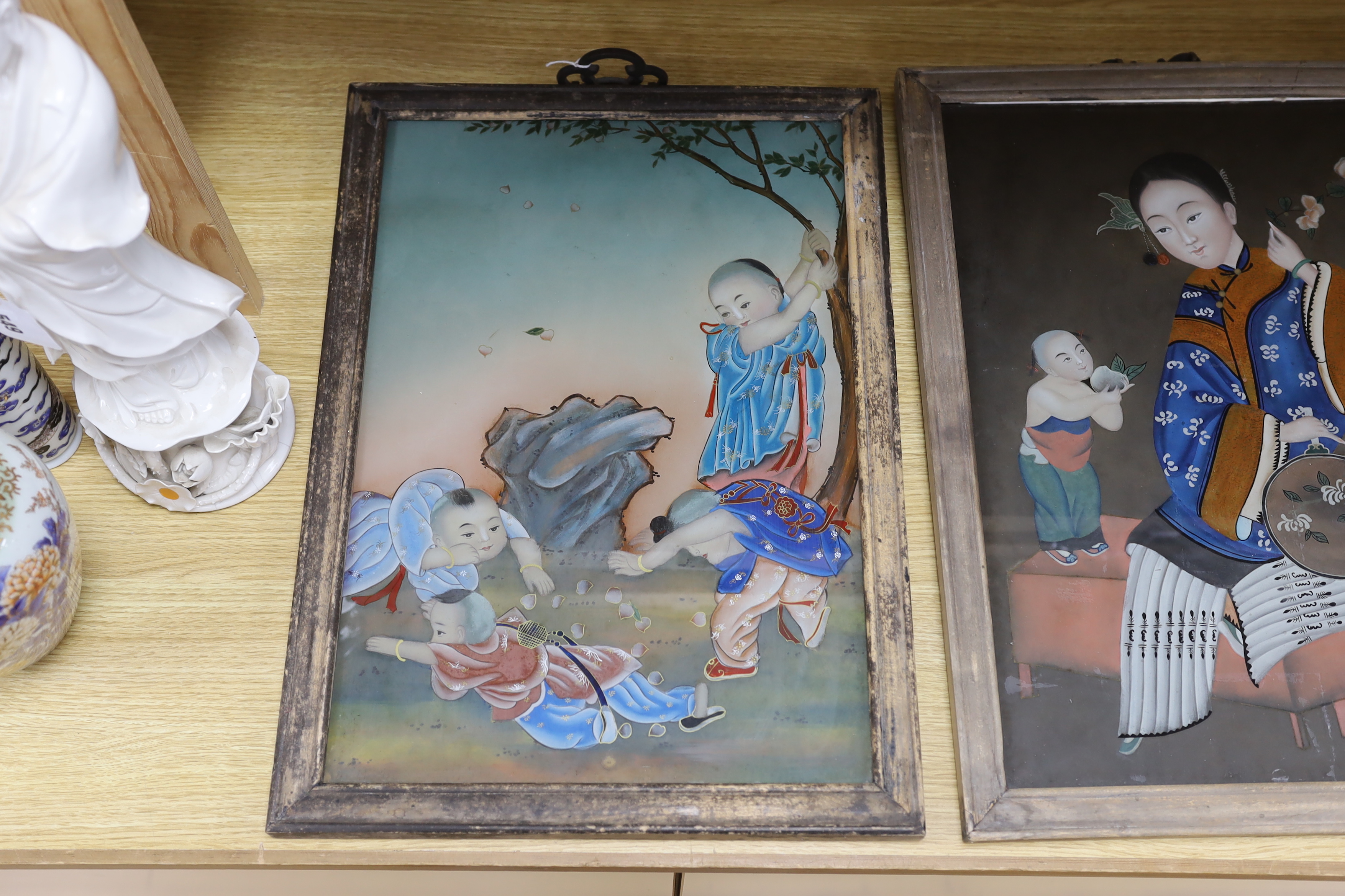 Two Chinese 20th century figural reverse painted glass pictures, framed largest 33cm wide x 49cm - Image 2 of 3