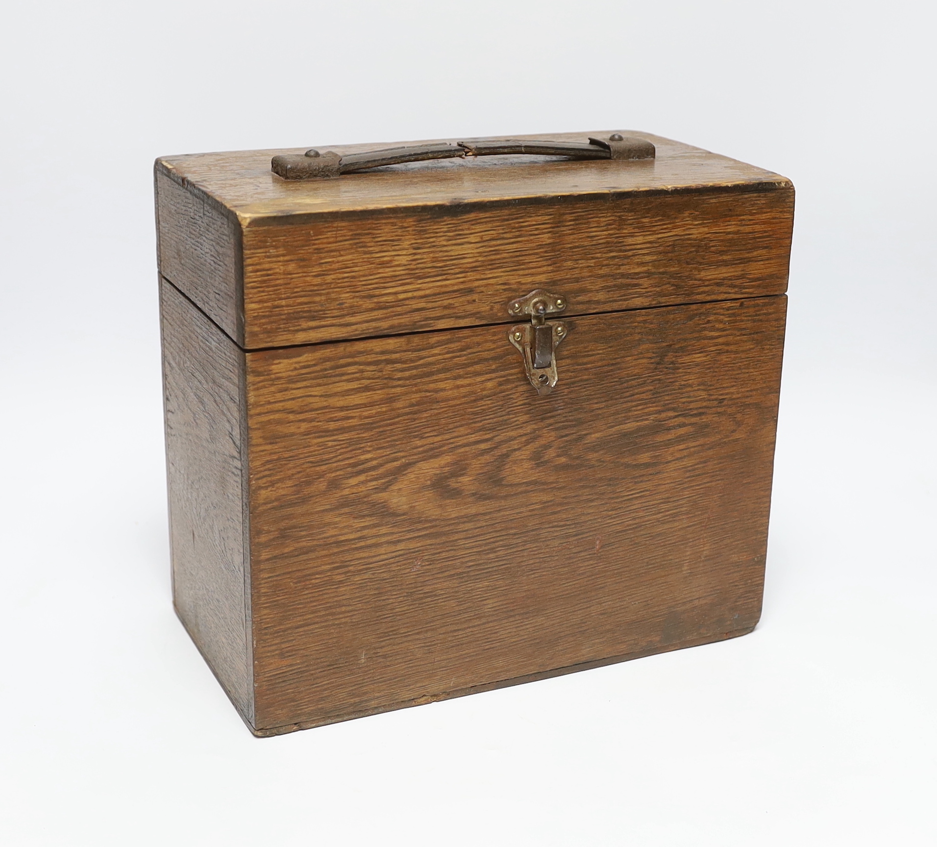 A vintage travelling vets box with two glass bottles and a stoneware bottle, Alfred Parker label