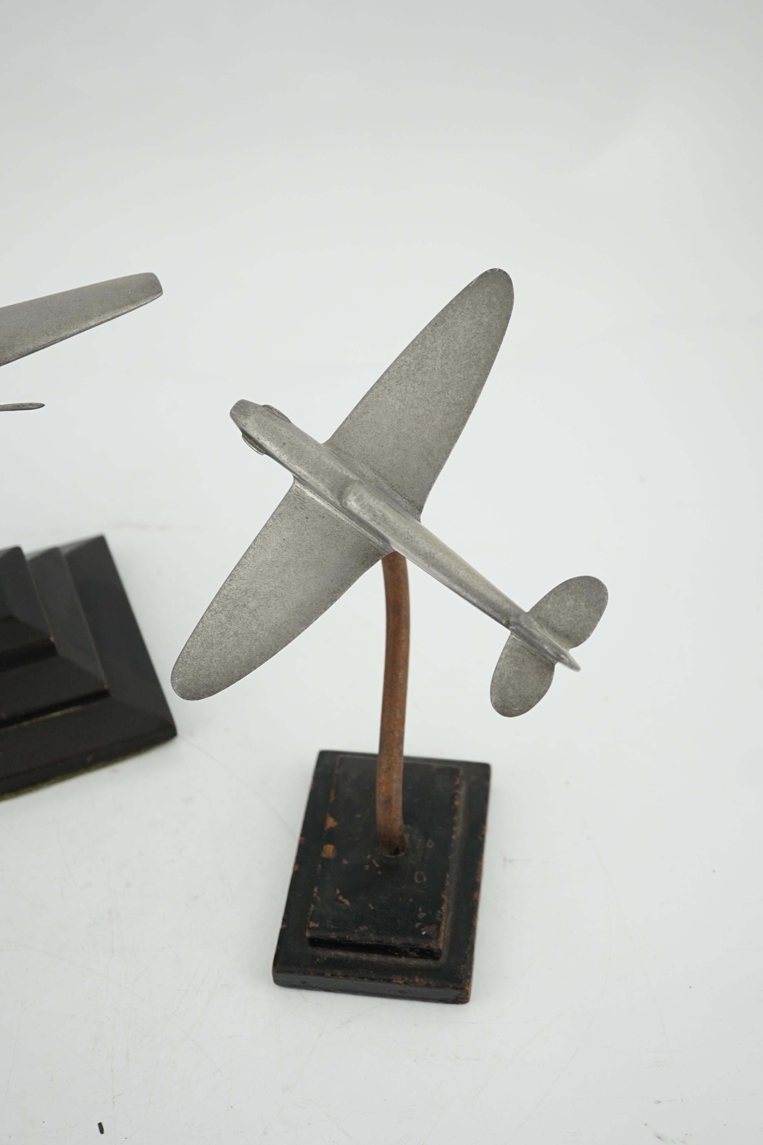 Two cast aluminium military aircraft models mounted on stepped wooden bases; a Halifax bomber, - Image 2 of 6