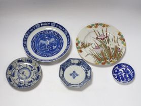 A group of 18th century Chinese porcelain plates and saucers, mostly blue and white and an octagonal