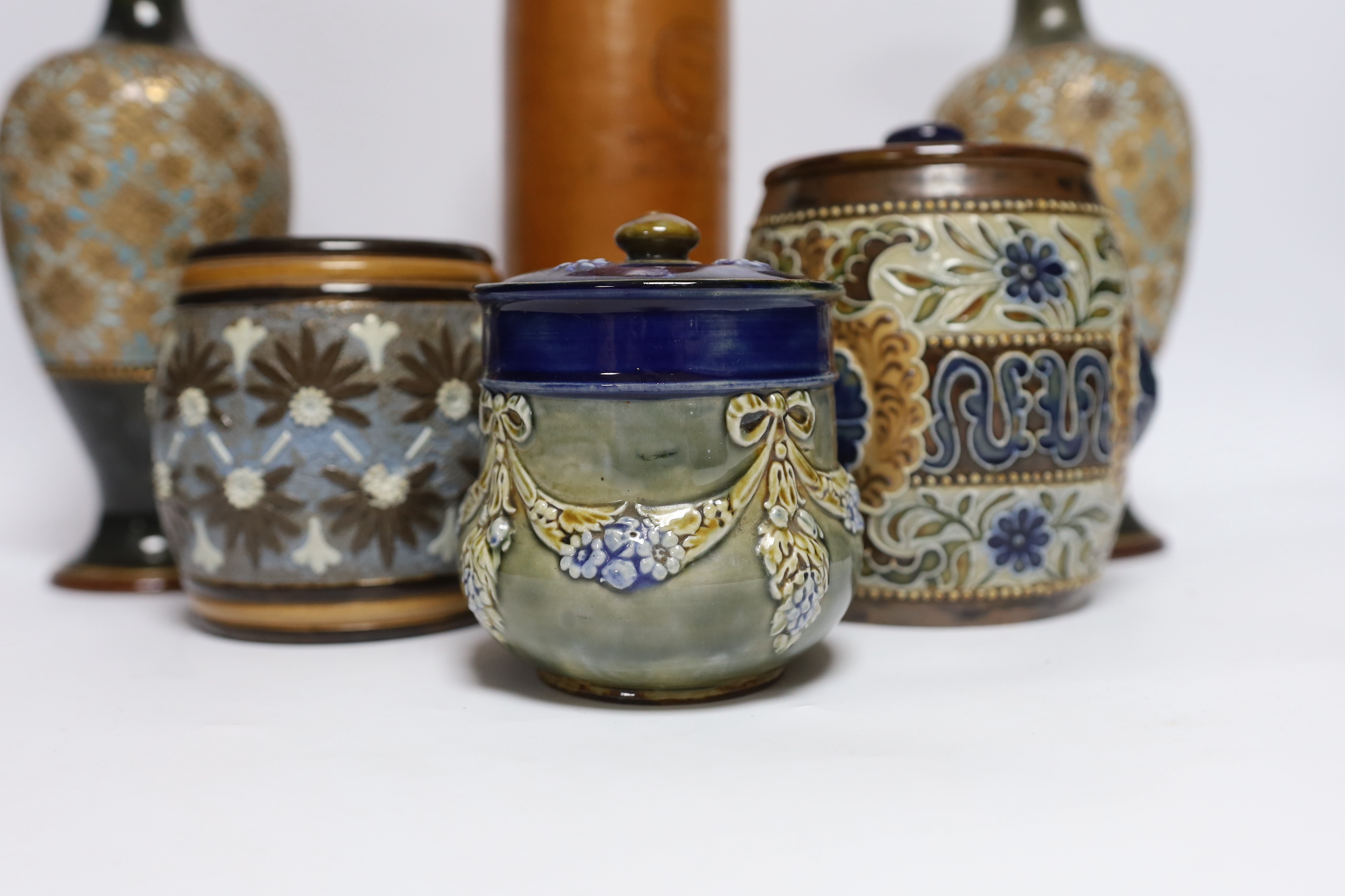 A pair of Doulton Lambeth vases, three jars, two with covers and a Georg Kreuzberg terracotta - Image 2 of 4