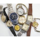 A group of assorted mainly steel wrist watches including three Cyma, a Roamer and modern Citizen