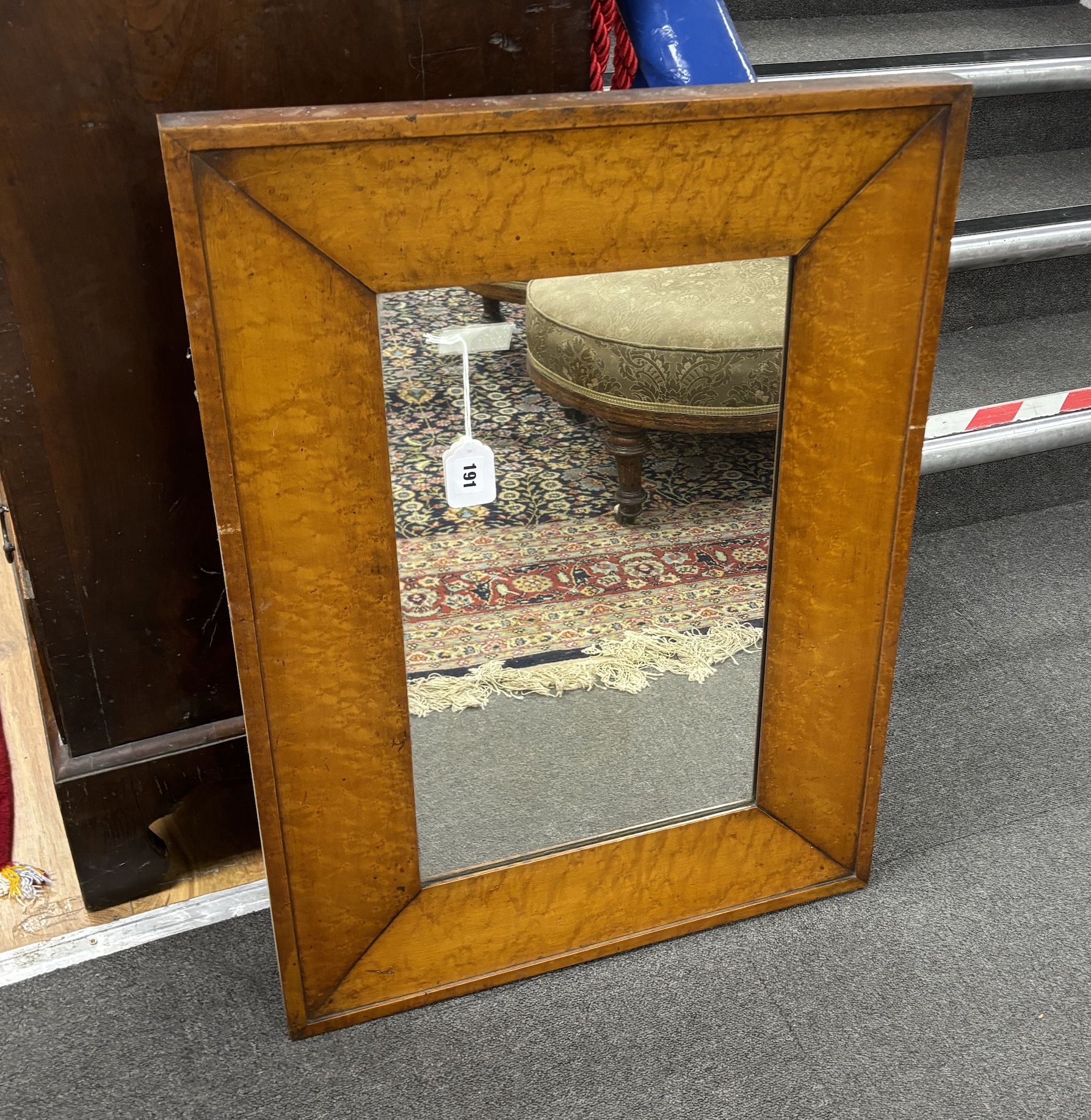 A Victorian rectangular wall mirror in broad bird's eye maple frame, width 57cm, height 32cm